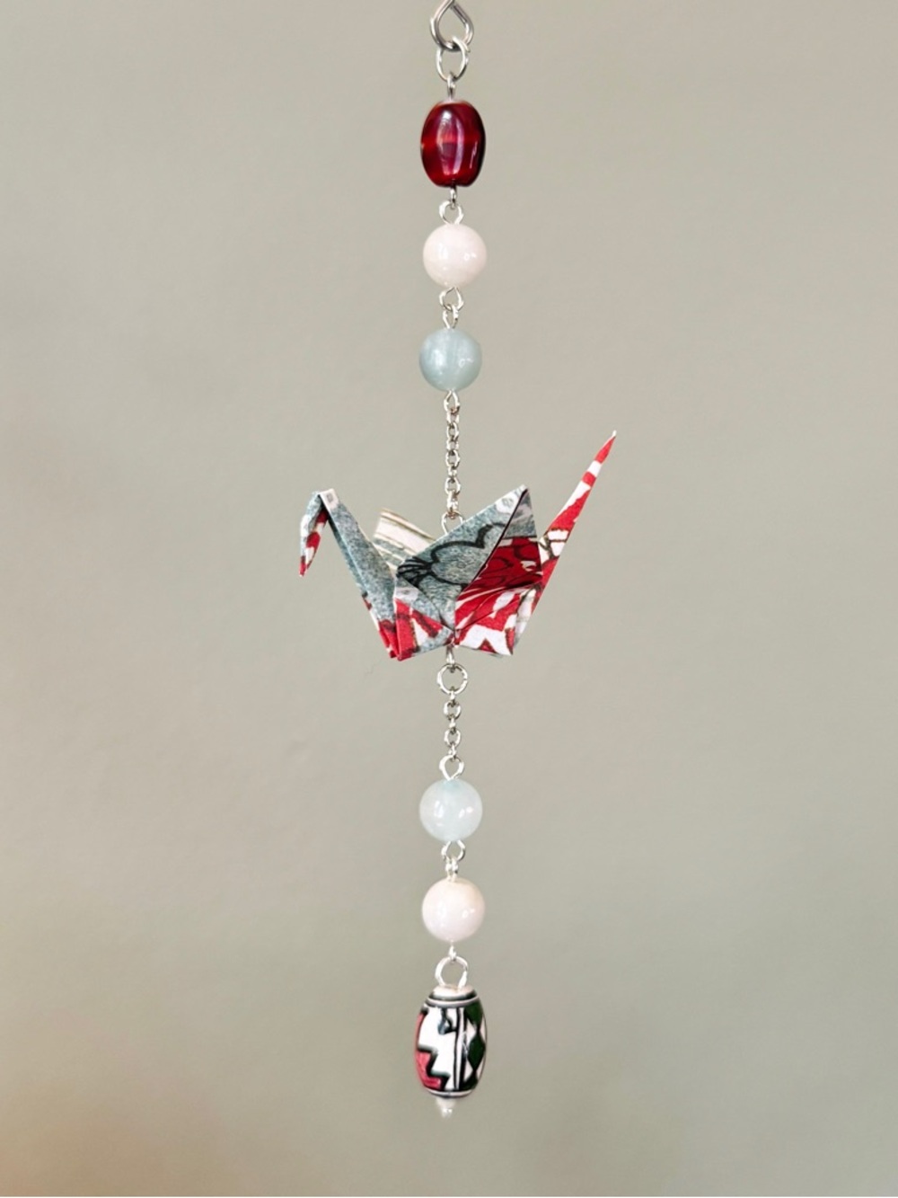 Origami Ornament #2444 - Small Crane with Stone and Ceramic Beads